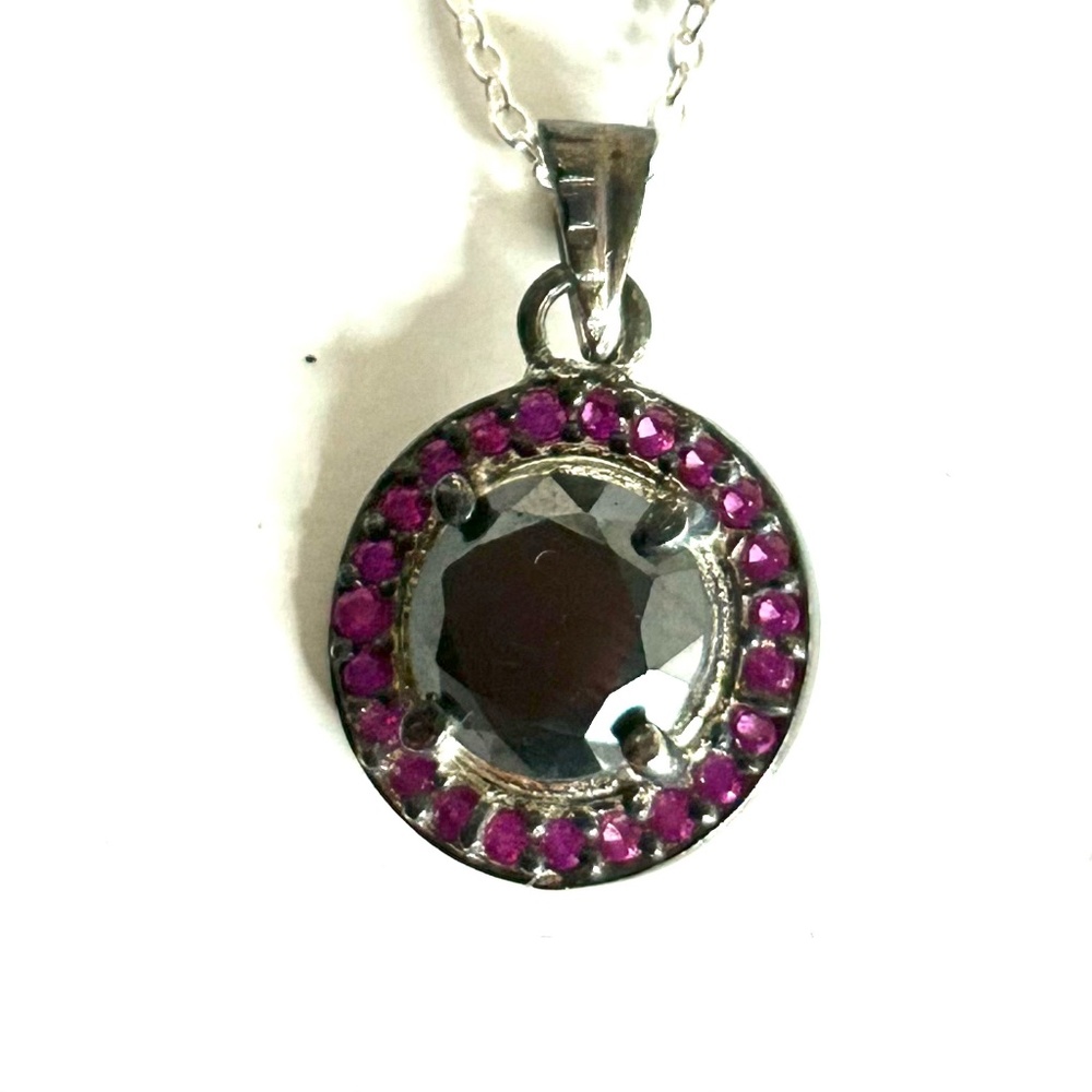 Genuine 2.5 CT Black Diamond with Genuine Rubies 925 Silver Pendant Necklace